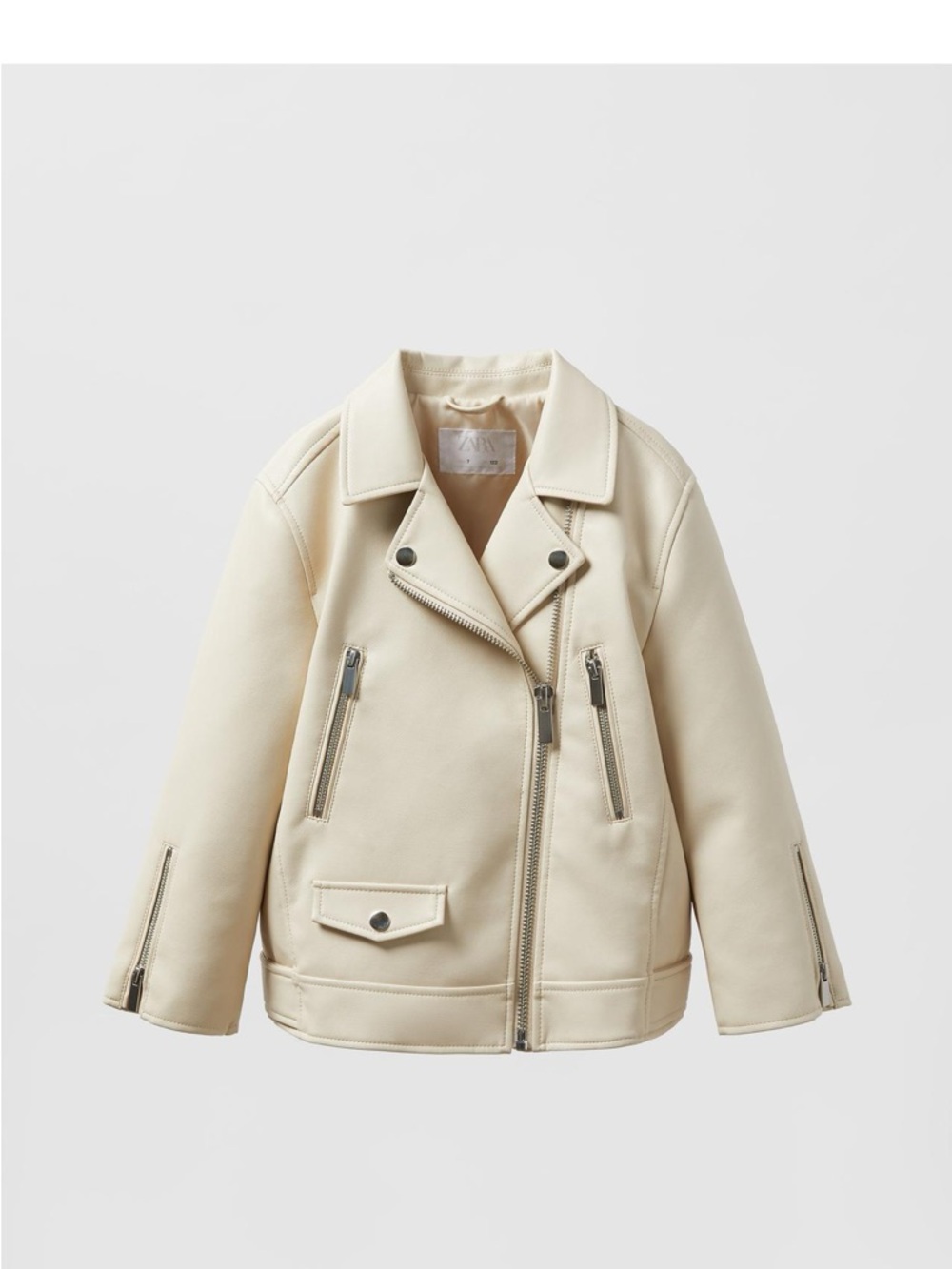 Zara Cream Faux Leather Jacket with Black Drawstring Detail